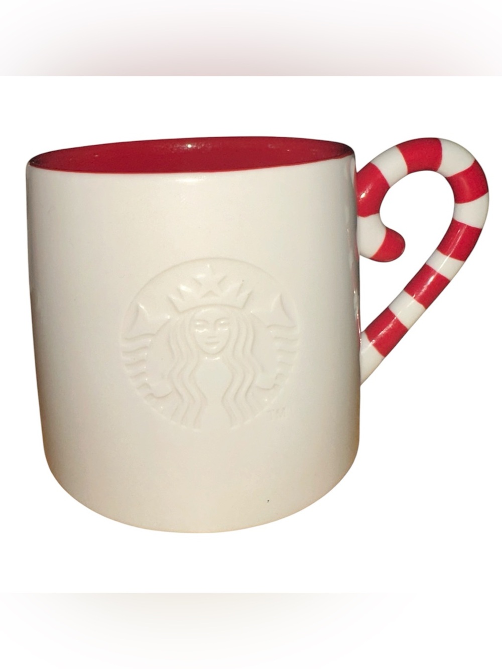 2014 Embossed Starbucks Mug With Candy Cane Striped Handle 12oz